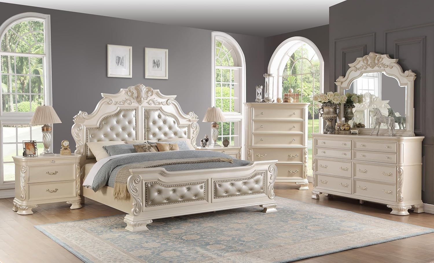 First of a Kind Victoria Off White Traditional 4 Piece Queen Bedroom Set with Upholstered Tufted Headboard Elegant European Inspired Design Coordinated Furniture Collection