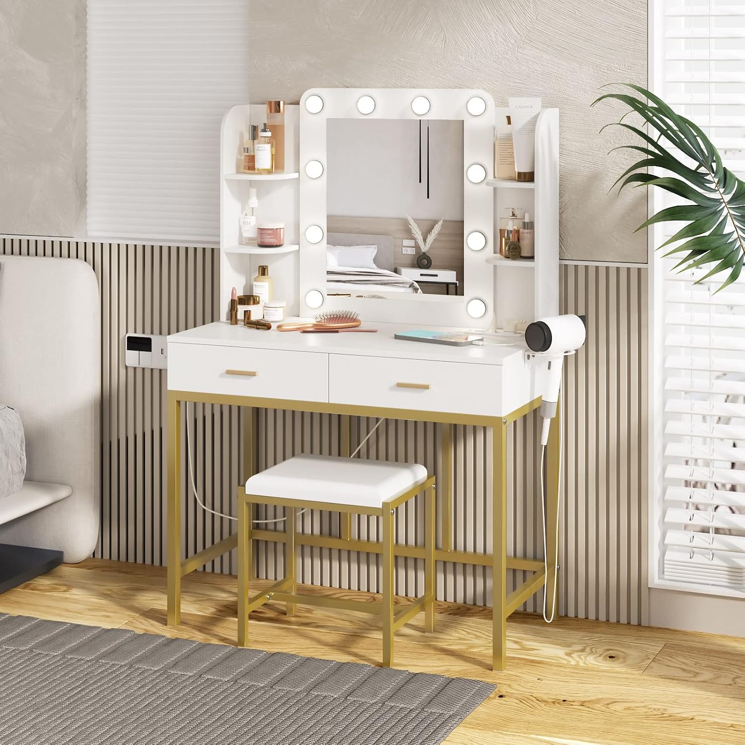 Vabches Vanity Desk with Mirror and 10 Led Lights, with Charging Station,Makeup Vanity Table Set with Lighted Mirror, with 3 Lighting Modes and 2 Drawers&Cushioned Stool for Bedroom