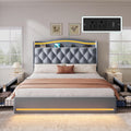 DWVO Queen Size Bed Frame with 4 Storage Drawers and RGB LED Lights, 57'' Tall Headboard Velvet Upholstered Bed with Charging Station, No Box Spring Needed, Easy Assembly, Noise-Free, Grey