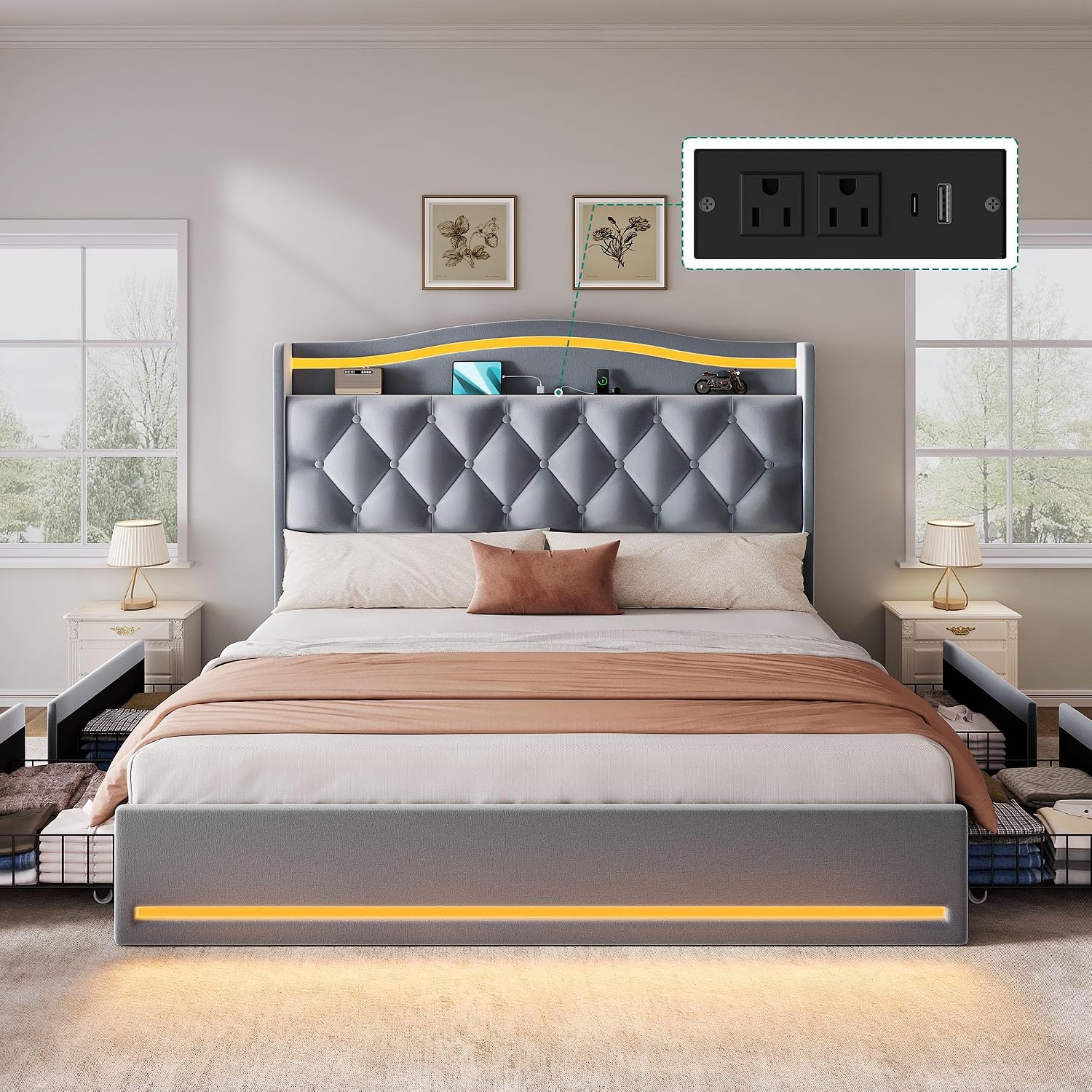 DWVO Queen Size Bed Frame with 4 Storage Drawers and RGB LED Lights, 57'' Tall Headboard Velvet Upholstered Bed with Charging Station, No Box Spring Needed, Easy Assembly, Noise-Free, Grey