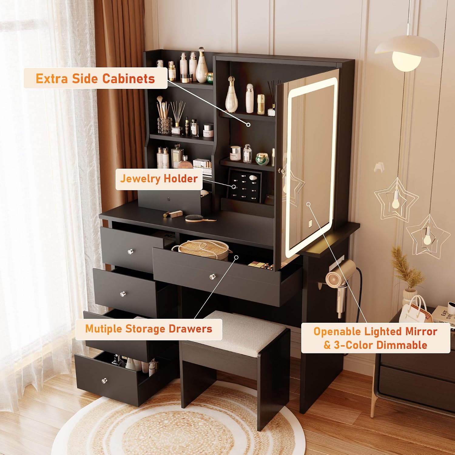 Vanity Desk with Mirror and LED Lights, Makeup Vanity Set with Power Outlet, and Stool,Jewelry Storage,Black Vanity Desk for Bedroom