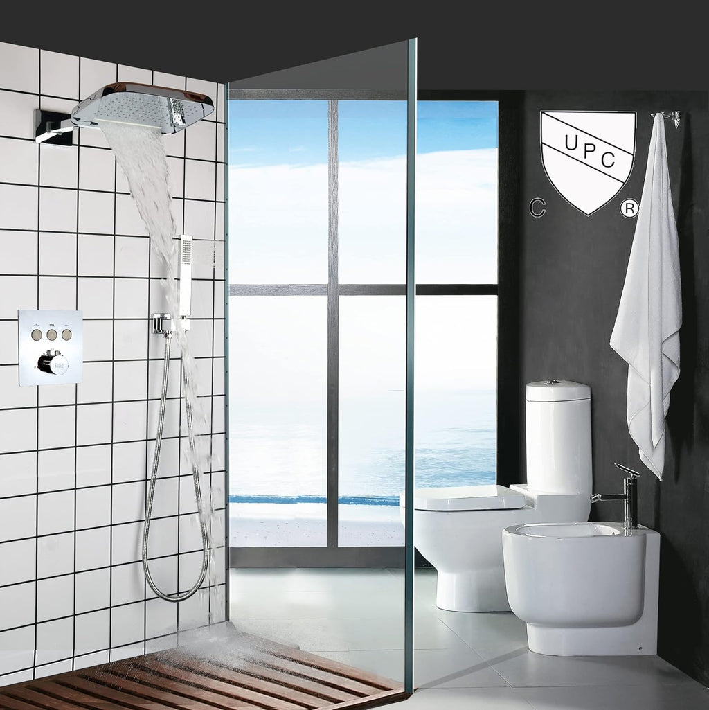Chrome Thermostatic Shower System Fixture Set With Waterfall Rain Shower Head and Handheld (Can Use All Options at A Time)