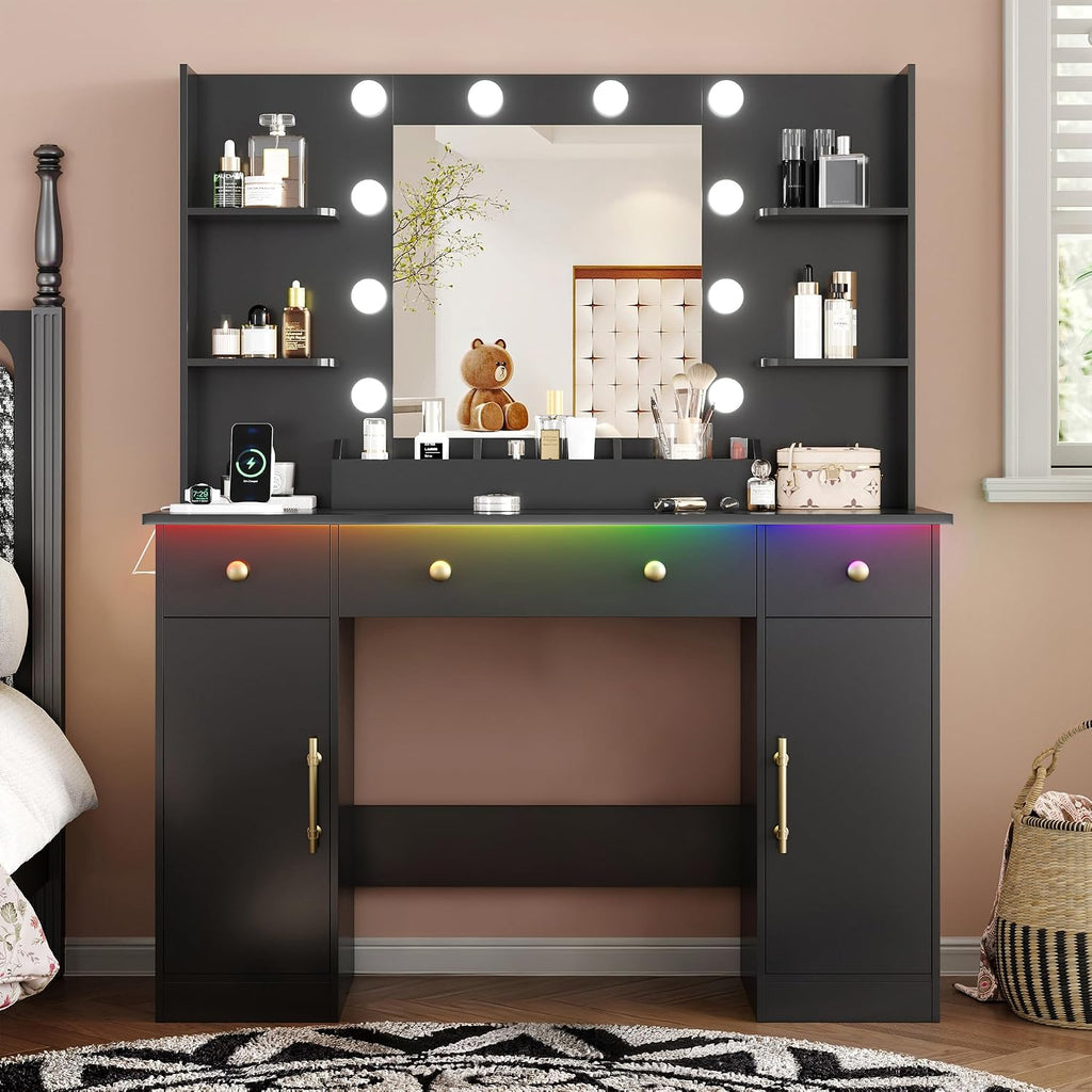 Vanity Desk with Mirror and Lights, 43'' Makeup Dressing Table Set with 5 Drawers & Power Outlet, 3 Lighting Modes Brightness Adjustable, Vanity with RGB Ambient Light for Women Girls Bedroom, Black