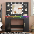 Vanity Desk with Mirror and Lights, 43'' Makeup Dressing Table Set with 5 Drawers & Power Outlet, 3 Lighting Modes Brightness Adjustable, Vanity with RGB Ambient Light for Women Girls Bedroom, Black
