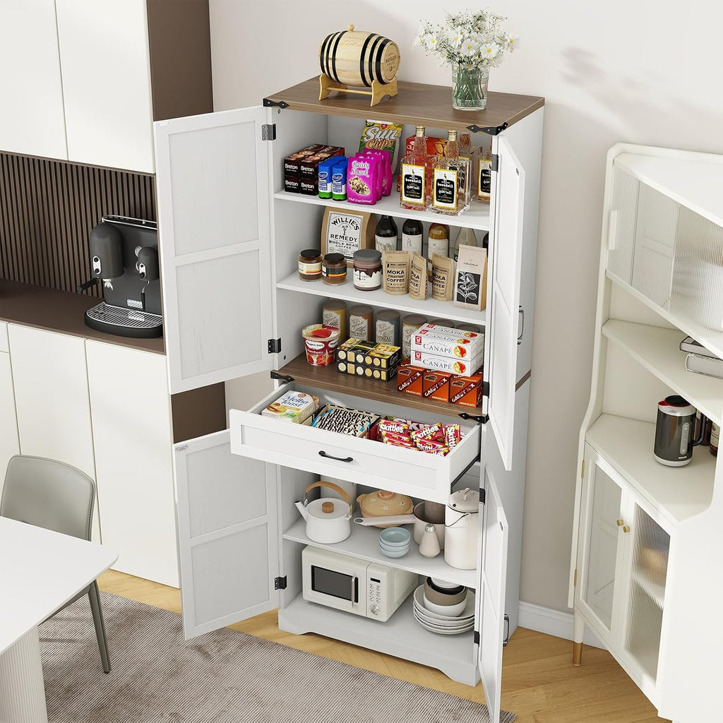 Halitaa 72' Tall Farmhouse Pantry Storage Cabinet with Organizer - Large Capacity Freestanding Cupboard for Kitchen, Dining Room, Living Room, White