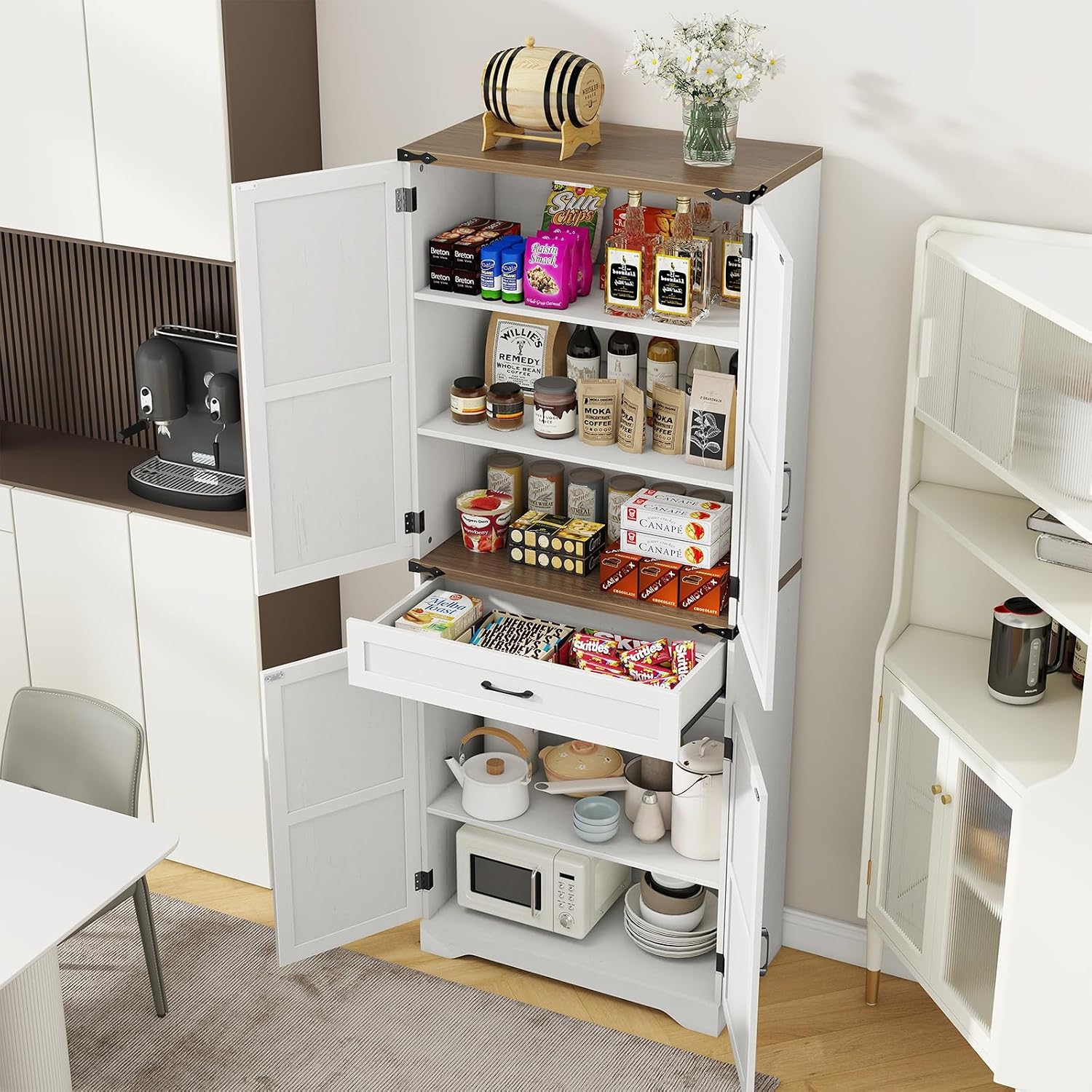 Halitaa 72' Tall Farmhouse Pantry Storage Cabinet with Organizer - Large Capacity Freestanding Cupboard for Kitchen, Dining Room, Living Room, White