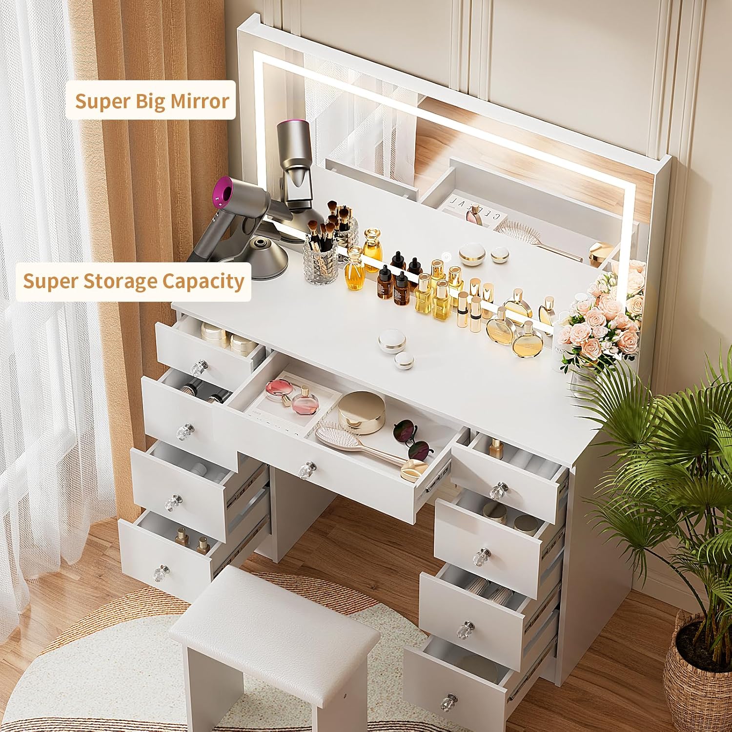 VOWNER Vanity With Lighted Mirror - Makeup Desk With Power Outlet and 9 Drawers, 3 Color Lighting Modes Adjustable Brightness, 43' Table With Soft Cushioned Stool for Bedroom, White