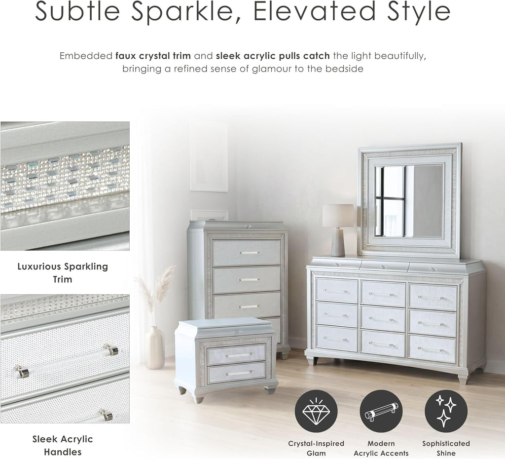 Furniture of America Silvia Glam Solid Wood 5-Piece Bedroom Set with Layered Frame Bed, Faux Crystal Trim LED on Nightstands and Dresser with Mirror, Box Spring Needed for Bedroom, King, Silver