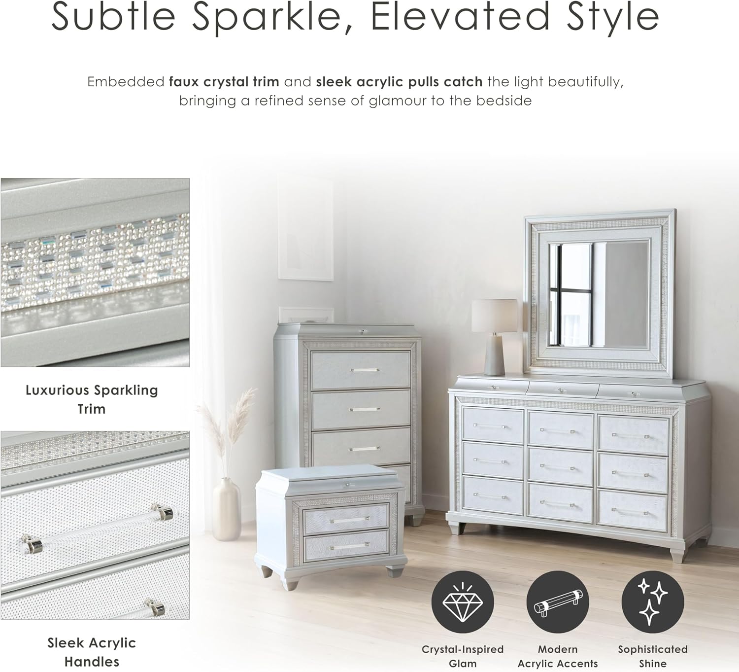 Furniture of America Silvia Glam Solid Wood 5-Piece Bedroom Set with Layered Frame Bed, Faux Crystal Trim LED on Nightstands and Dresser with Mirror, Box Spring Needed for Bedroom, King, Silver