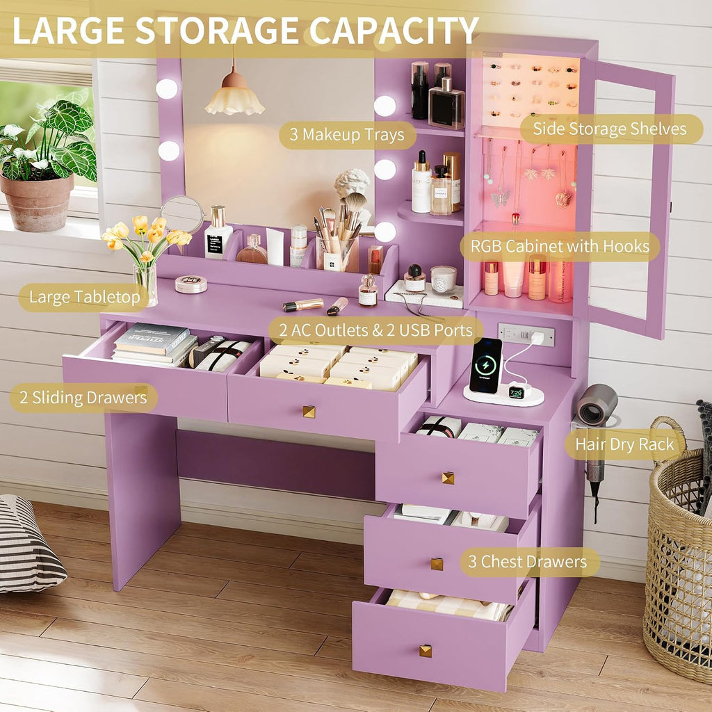 Xixini Vanity Desk with Mirror and Lights, Makeup Vanity Table Set with 5 Storage Drawers, Power Outlet, Small Dressing Table with RGB Ambient Light, Adjustable Brightness for Girls Bedroom, Purple