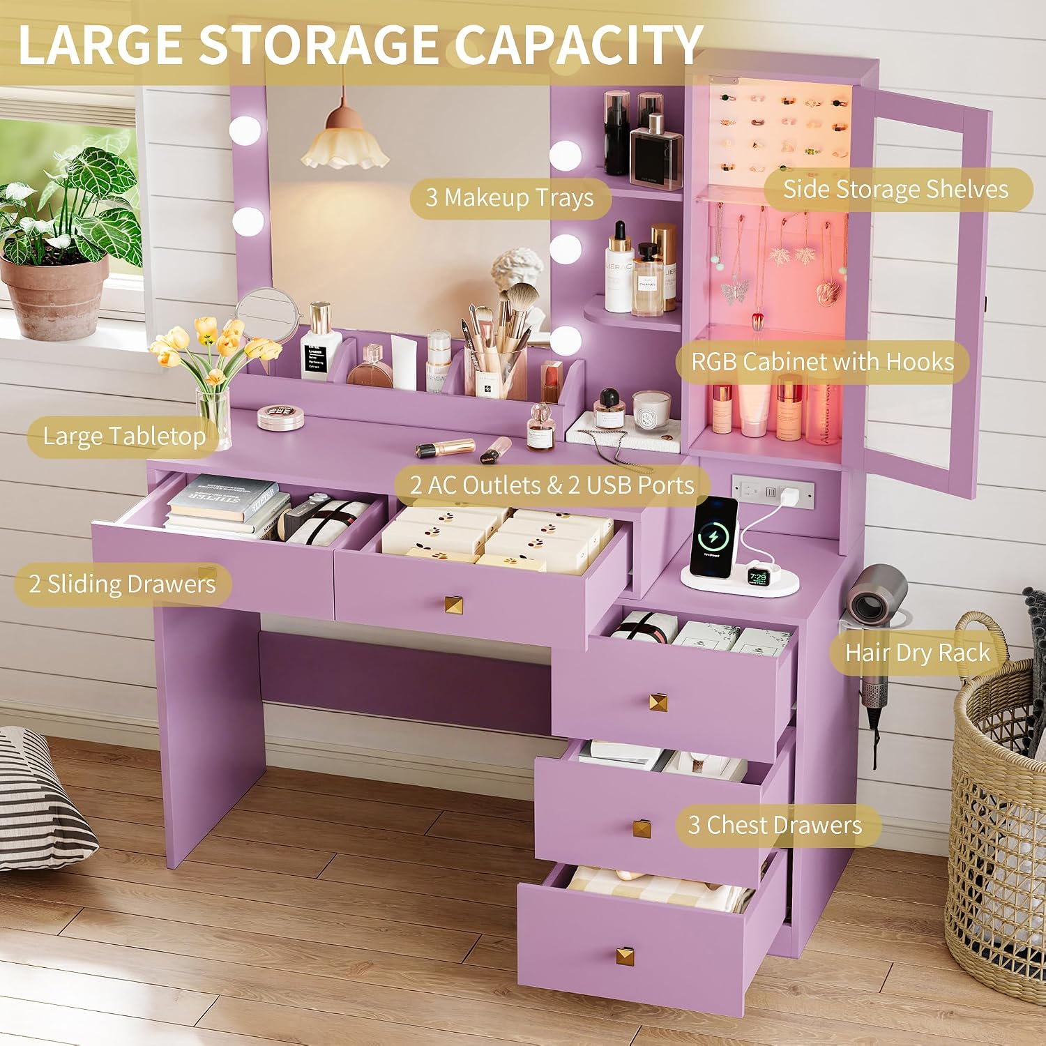 Xixini Vanity Desk with Mirror and Lights, Makeup Vanity Table Set with 5 Storage Drawers, Power Outlet, Small Dressing Table with RGB Ambient Light, Adjustable Brightness for Girls Bedroom, Purple