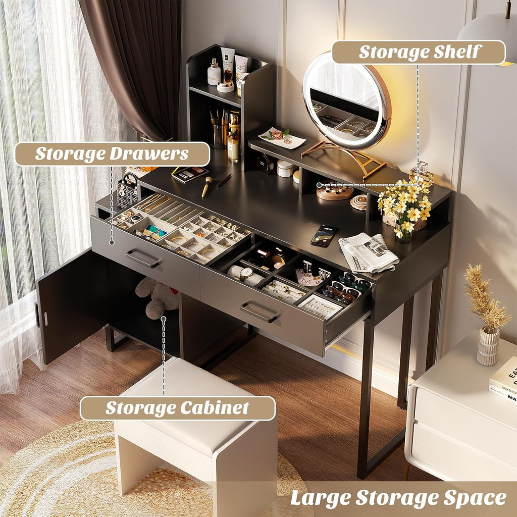 Besiost Vanity Desk, Small Vanity Desk with Power Outlet, Makeup Desk with Drawers and Cabinets, Vanity Set with Storage Shelves for Bedroom, No Mirror, Black