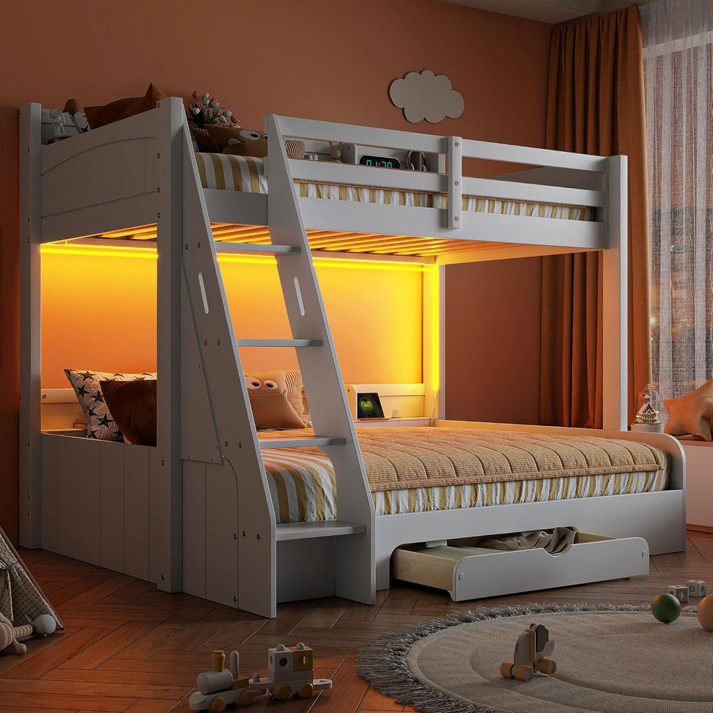 RUNNA Twin Over Full Bunk Bed with Storage Shelves, LED, Charging Station and a Drawer, Solid Wood Bunk Bed for Kids, Teens, Adults (White/LED)
