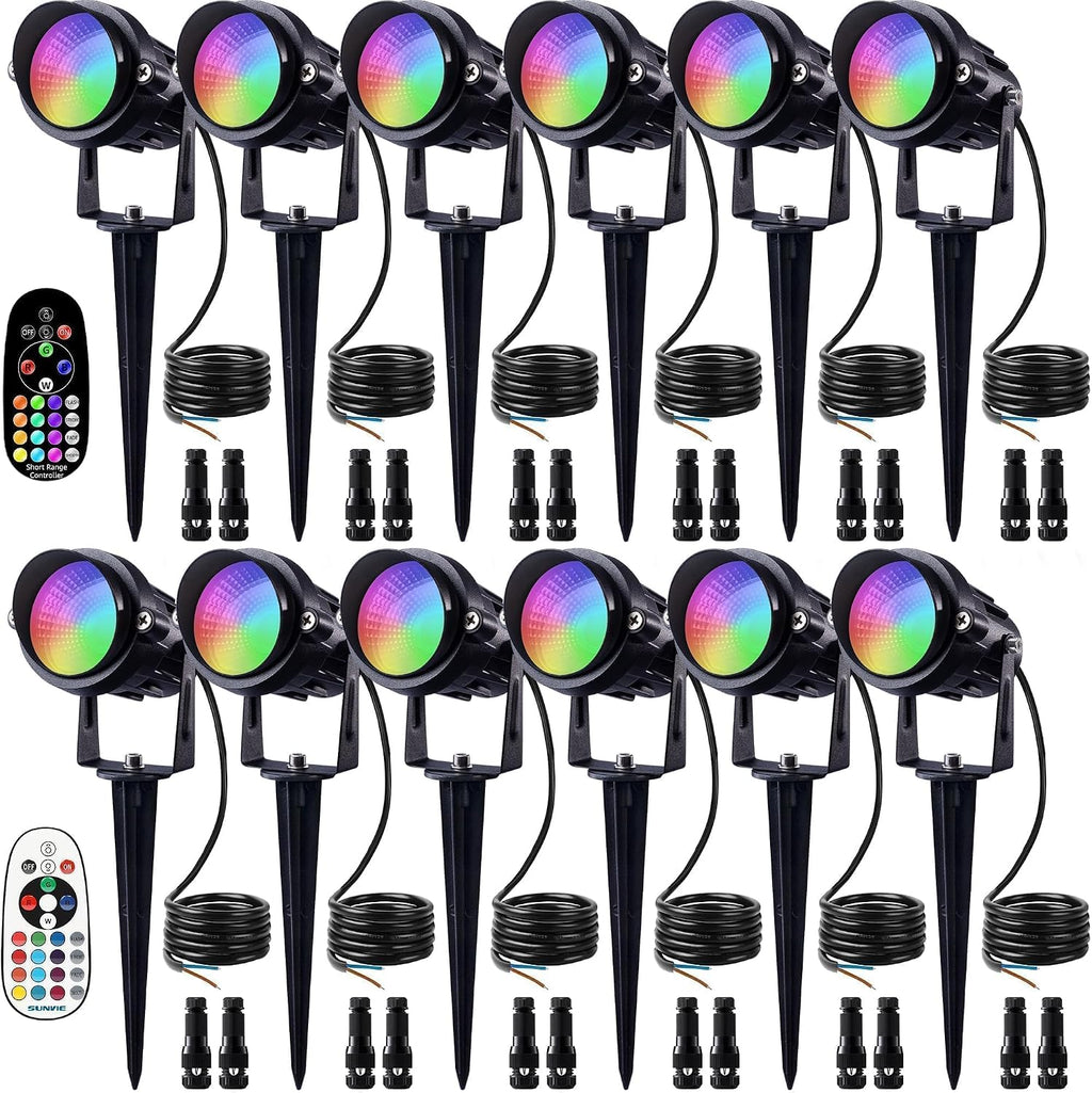 SUNVIE RGBW Low Voltage Landscape Lights Color Changing 12W LED Landscape Lighting Outdoor Waterproof Remote Control for Garden Yard Pathway Christmas Decorative Lighting, 12 Pack with Connector