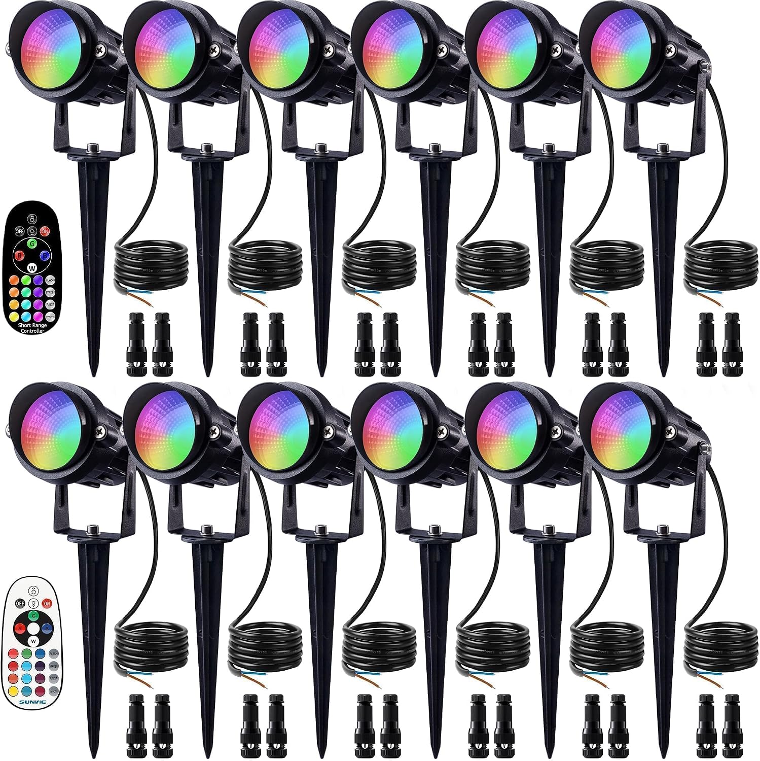 SUNVIE RGBW Low Voltage Landscape Lights Color Changing 12W LED Landscape Lighting Outdoor Waterproof Remote Control for Garden Yard Pathway Christmas Decorative Lighting, 12 Pack with Connector