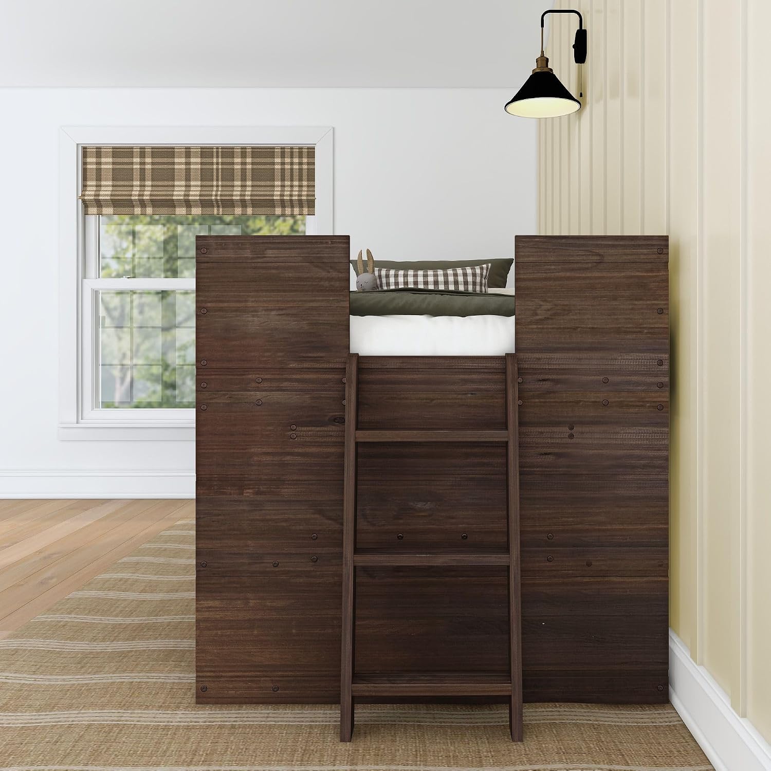 Max & Lily Modern Farmhouse Low Loft (Twin), with Bookcase, Barnwood Brown