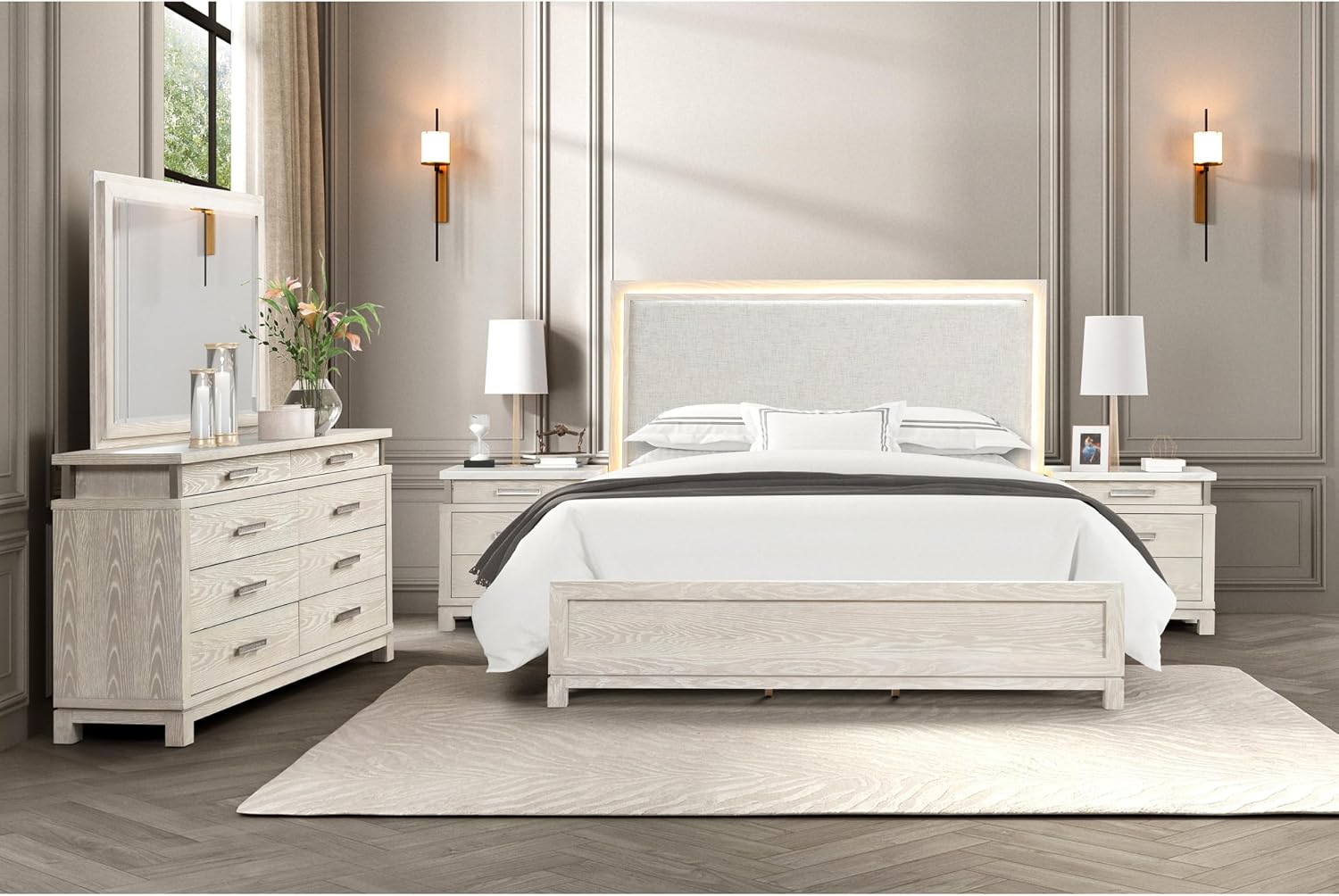 Furniture of America Bailer Modern Solid Wood 5-Piece Bedroom Set with LED on Headboard, Stainless Steal Posts and Marble Top on Nightstand, Box Spring Needed, Queen, Weathered Gray