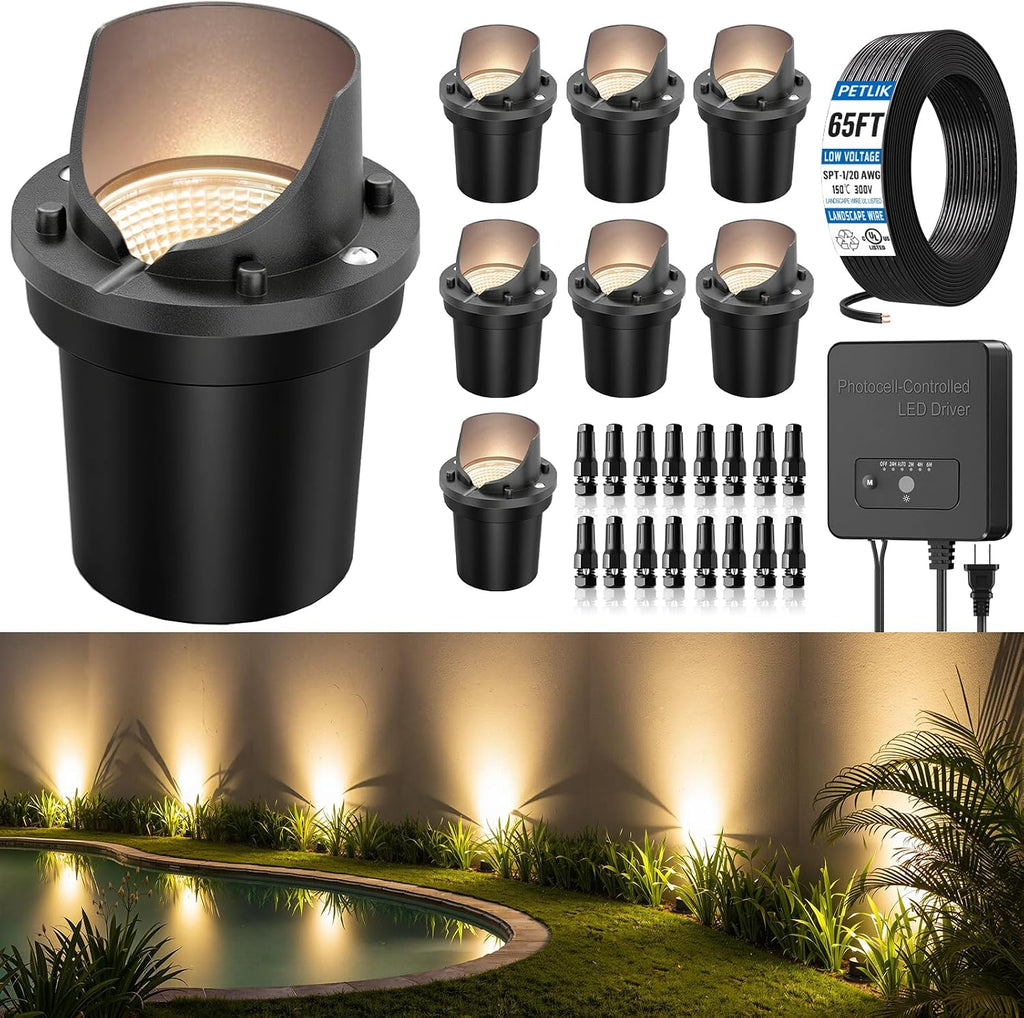 All-in-One Low Voltage Landscape Lighting 12W LED Well Lights IP67 Outdoor In-Ground Lights Waterproof with Transformer, 2700K Warm White Pathway Lighting for Yard Garden, 8 Pack