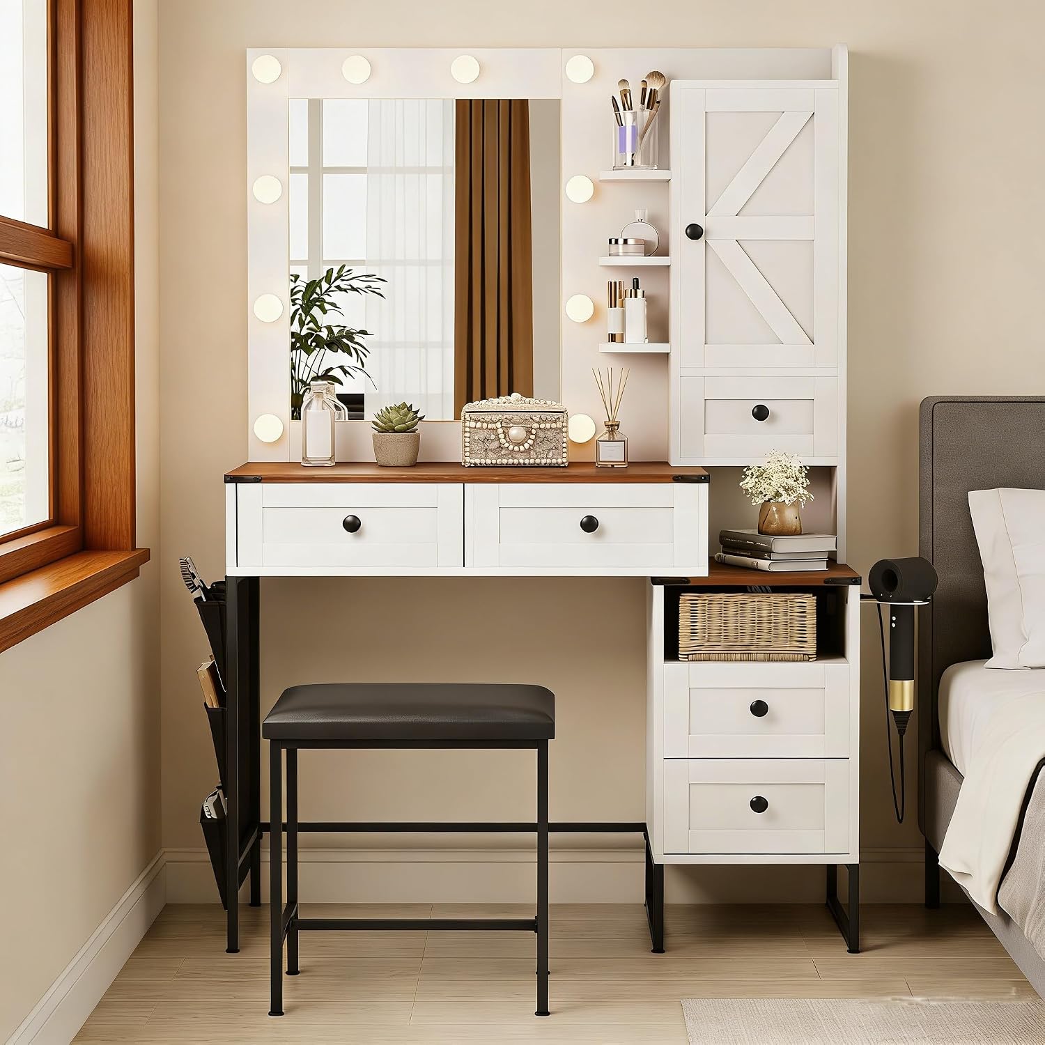 YIKEHOME 41' W Vanity Desk with Mirror, Makeup Vanity Set with Power Outlet and Comfortable Bench, Farmhouse Vanity for Bedroom Brown (006 Brown)