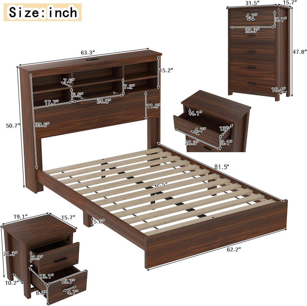 4 Piece Bedroom Furniture Set Farmhouse - Walnut Wood Queen Size Platform Bed Frame with Storage Headboard and Charging Station, Rustic Queen Bedroom Set with 1 Dresser and 2 Nightstand Sets