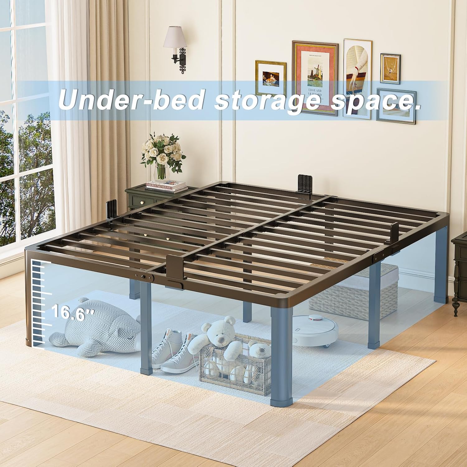 Yitong Angel 18 inch King Size Bed Frame with Round Corner Legs Mattress Slide Stopper,3500 lbs Heavy Duty Metal Platform,Steel Slat Support,No Box Spring Needed,Easy Assembly,Noise Free