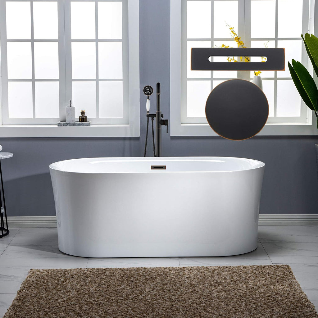 WOODBRIDGE 67' Acrylic Freestanding Bathtub Contemporary Soaking White Tub with Oil Rubbed Bronze Overflow and Drain,B0101-ORB