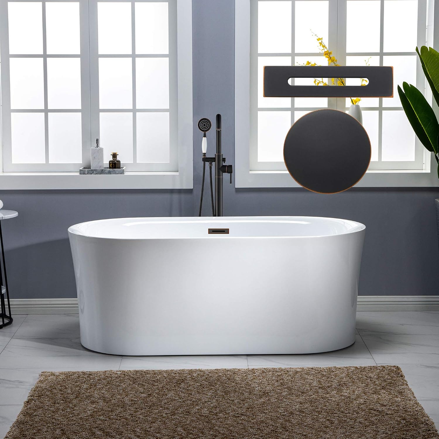 WOODBRIDGE 67' Acrylic Freestanding Bathtub Contemporary Soaking White Tub with Oil Rubbed Bronze Overflow and Drain,B0101-ORB