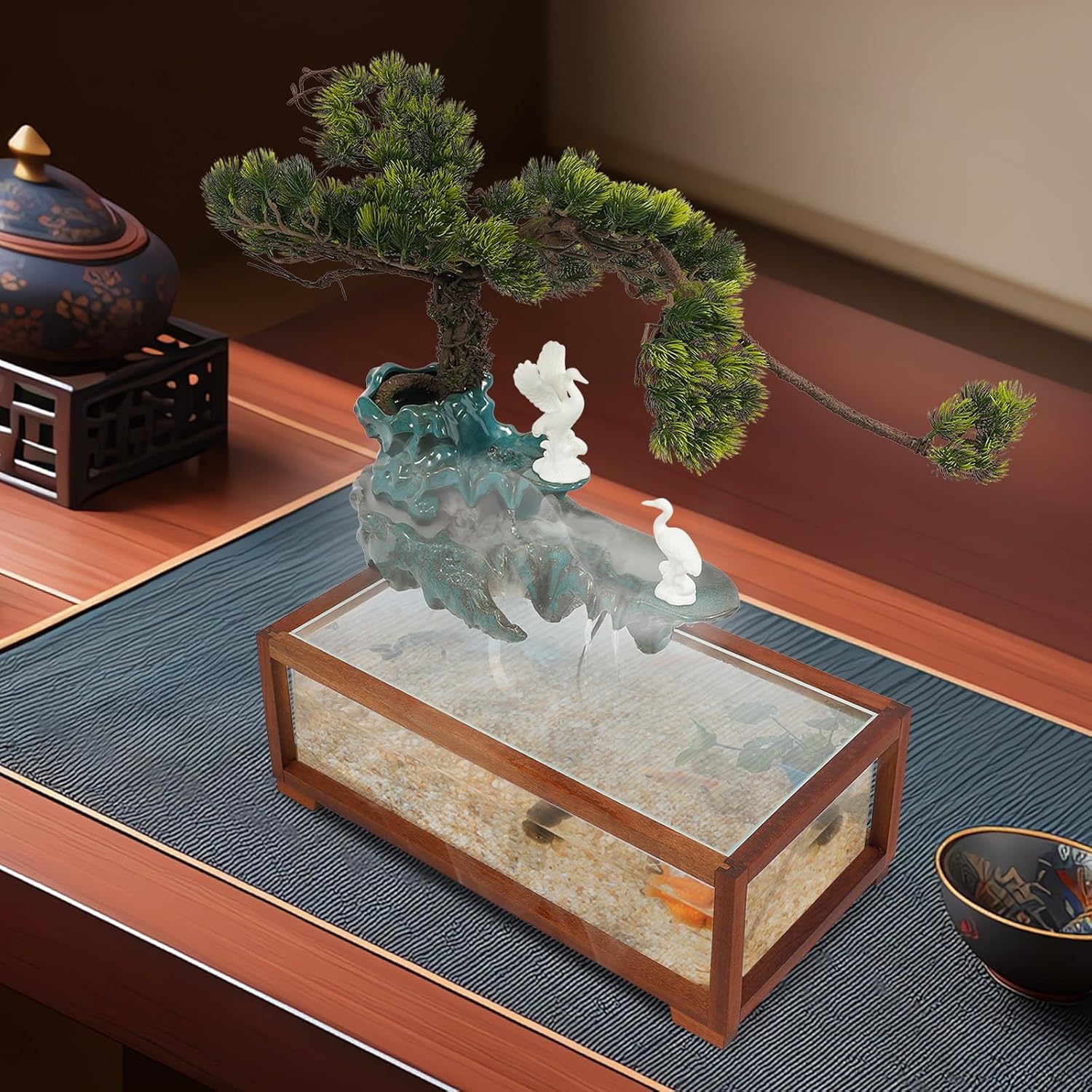 Antique Style Tabletop Water Fountain with Fish Tank & Atomizer, Indoor Ceramic Desktop Fountain with LED Light, Waterfall Feng Shui Zen Meditation Indoor Fountains for Home & Office