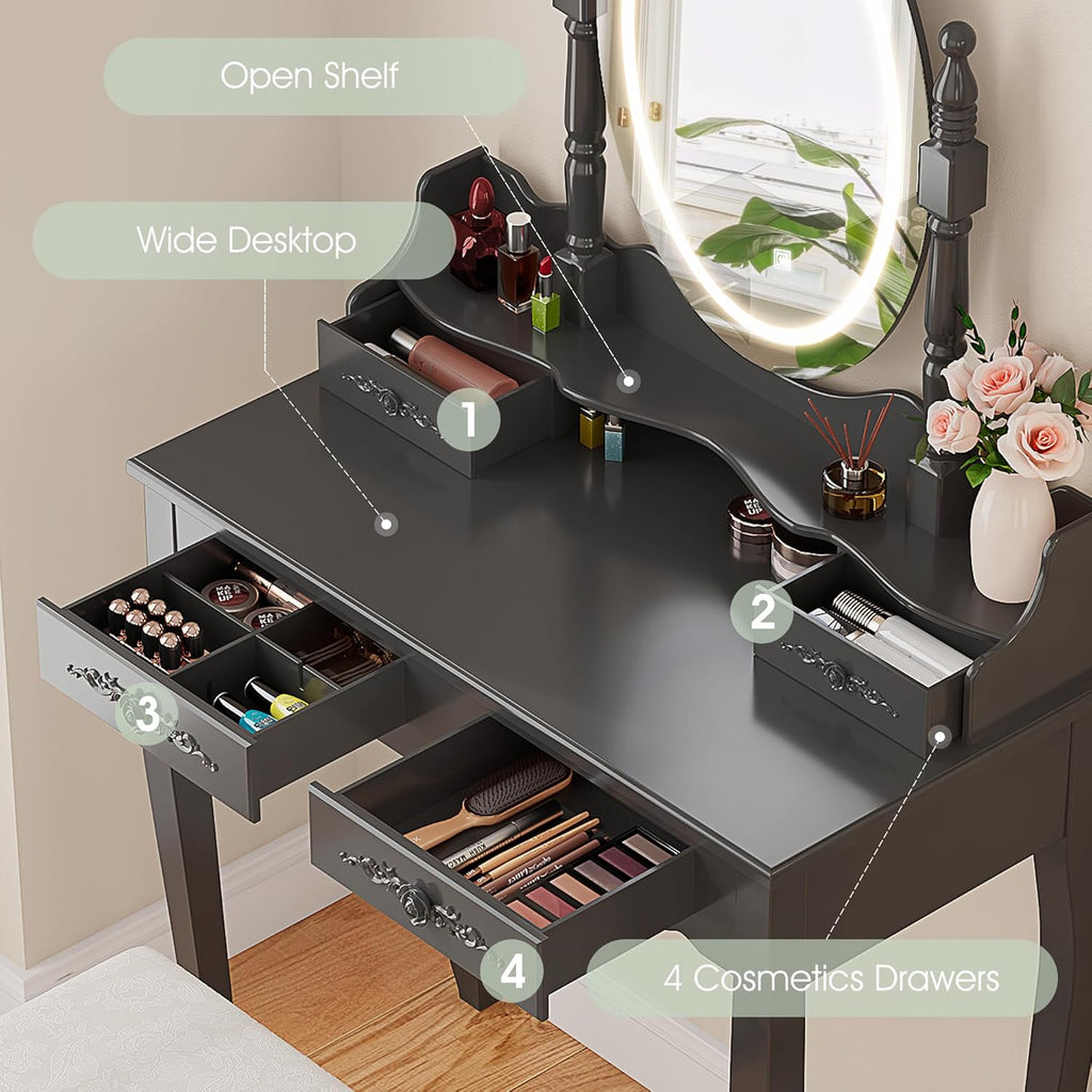 Vanity Desk with Mirror and Lights, Modern Vanity Makeup Table and Cushioned Stool Set with 4 Drawers, 3 Color Lighting Modes with Adjustable Brightness, Dressing Table Set for Bedroom (Black Vanity)