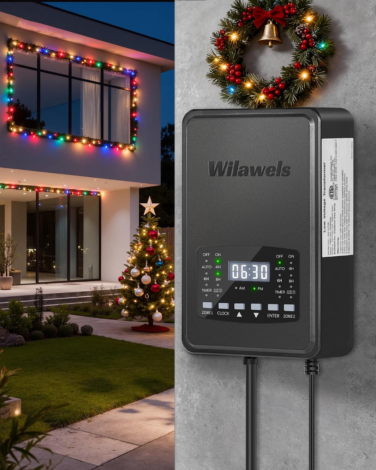 400W Low Voltage Landscape Transformer, 2 Zone Independent Control Landscape Lighting Transformer, 120VAC to 12/14V AC Low Voltage Transformer with Timer & Photocell Sensor ETL Listed D23LT06