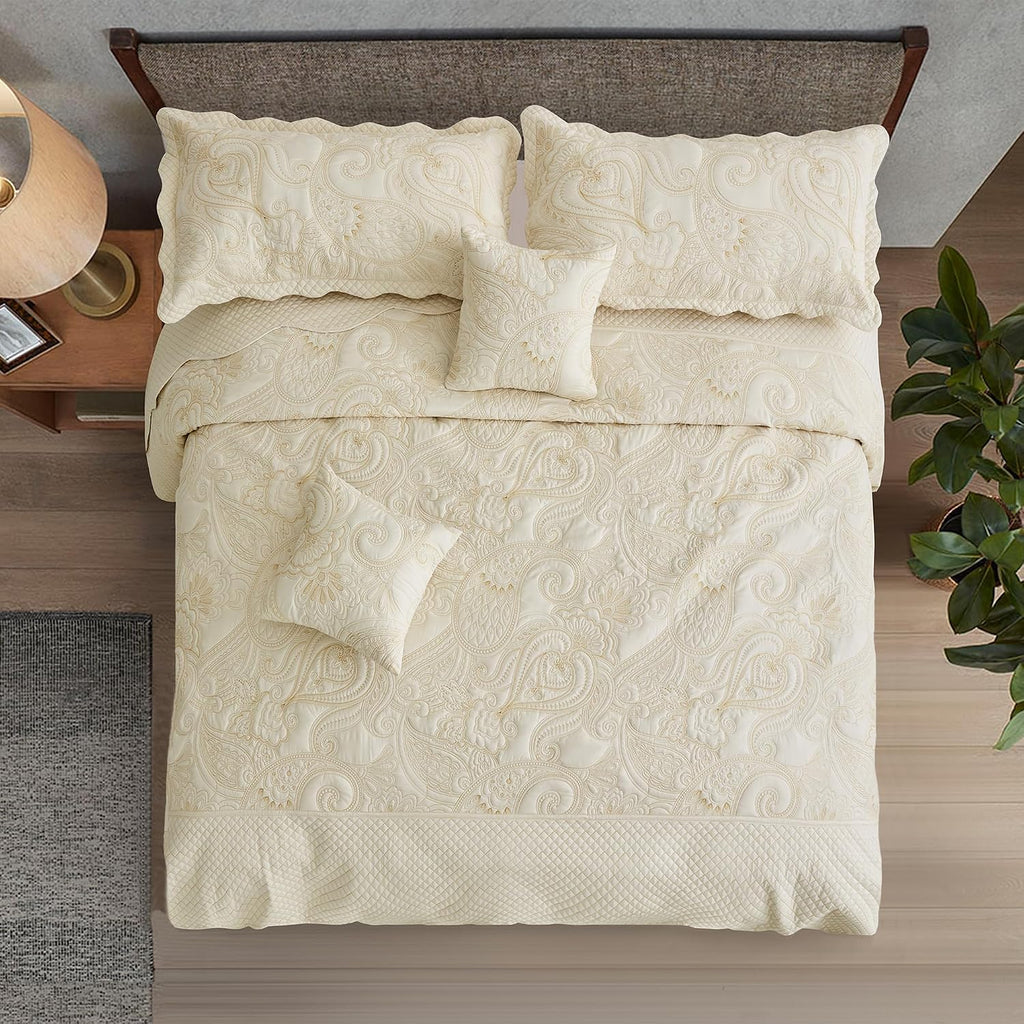 Oversized King Bedspread, Paisley Pattern Design, Lightweight Bedding Cover, Reversible, 5 Piece, 100% Microfiber, Ivory Yellow