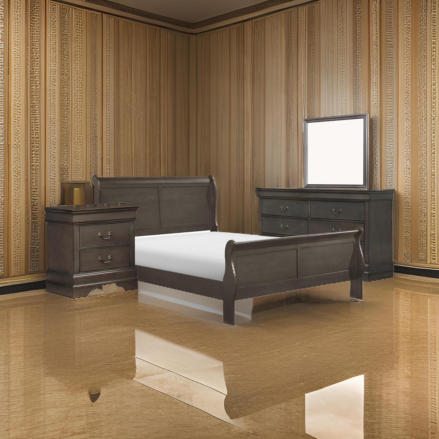 Benzara Ve Four Piece Queen Size Bedroom Set- Transitional Style- Stained Gray Finish