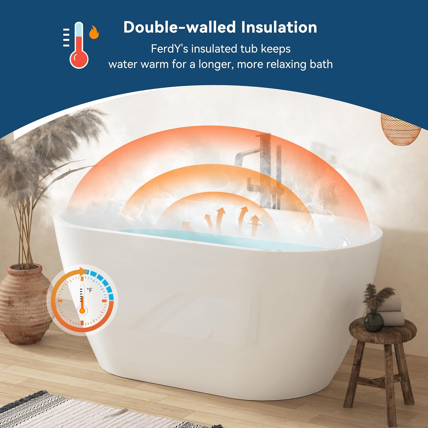 FerdY Bali 55' Freestanding Bathtub, Glossy White Freestanding soaking tub with Brushed Gold Drain & Integrated Slotted Overflow, cUPC Certified