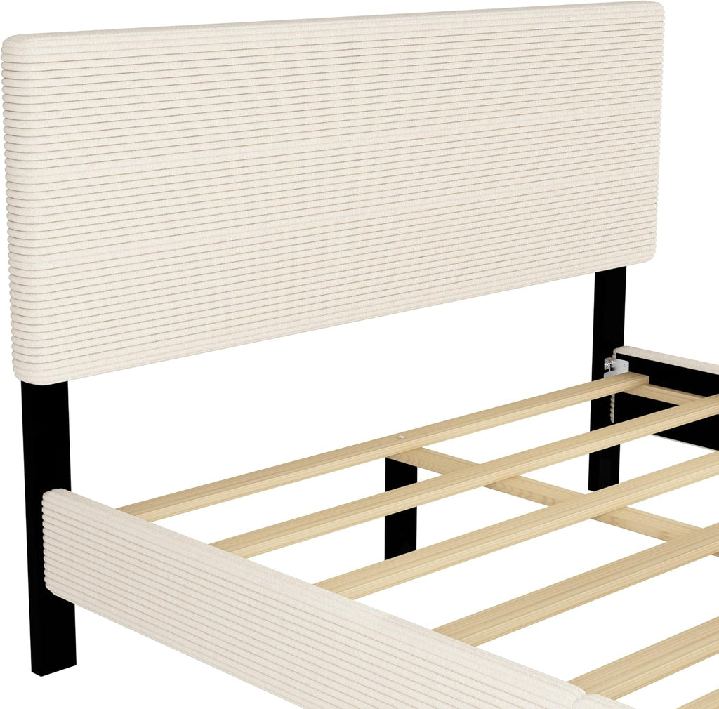 Modern 2-Pieces Bedroom Sets, Corduroy Queen Size Platform Bed with Storage Ottoman, Upholstered Platform Bed Frame with Horizontal Stripe Headboard and Metal Legs, Sturdy Slats Support (Beige-D)