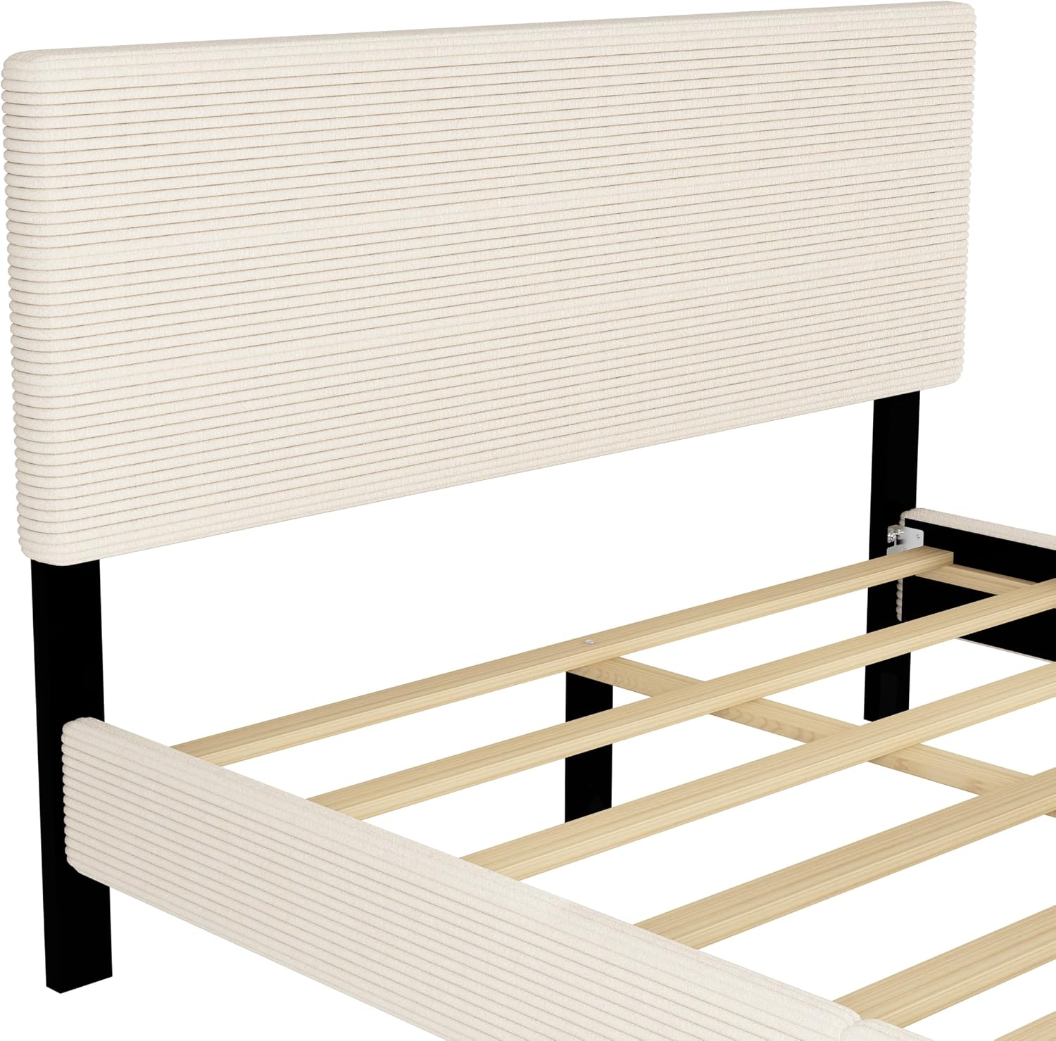 Modern 2-Pieces Bedroom Sets, Corduroy Queen Size Platform Bed with Storage Ottoman, Upholstered Platform Bed Frame with Horizontal Stripe Headboard and Metal Legs, Sturdy Slats Support (Beige-D)