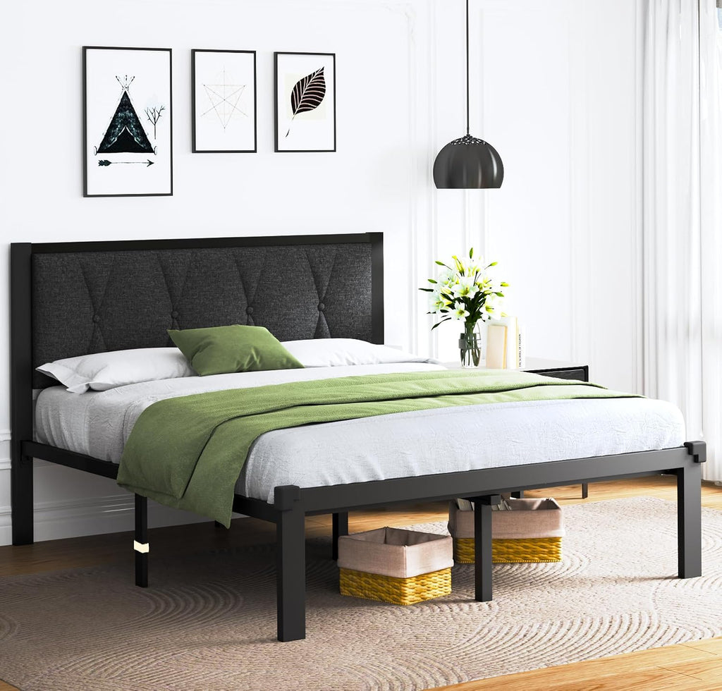 Feonase Full Size Metal Bed Frame with Fabric Button Tufted Headboard, Platform Bed Frame with Heavy Duty Metal Slats, 12' Storage Space, Noise Free, No Box Spring Needed, Dark Grey