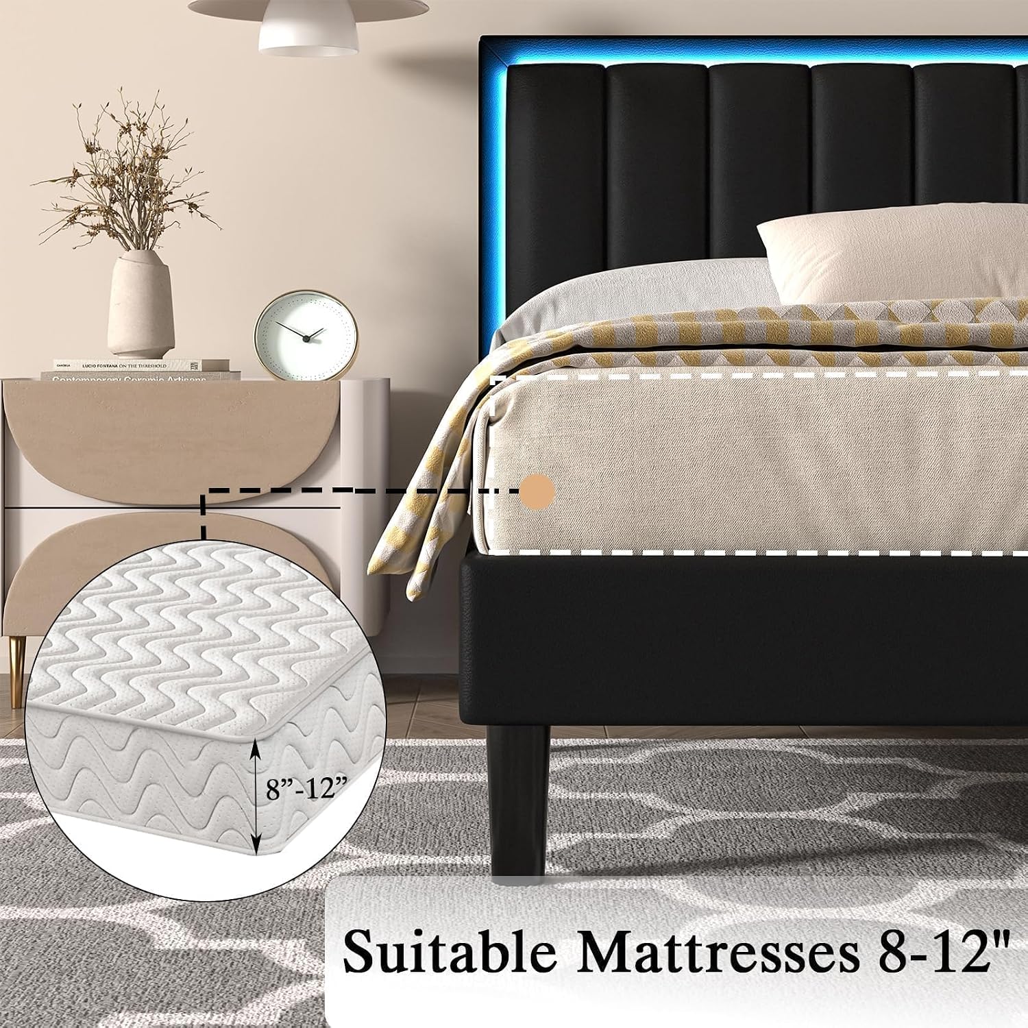 IMMERSTABLE Full Size Bed Frame with RGB LED Lights, Upholstered Platform Bed Frame with Headboard, Wood Slat Support, No Box Spring Needed, Quiet Design, Easy Assembly, Black