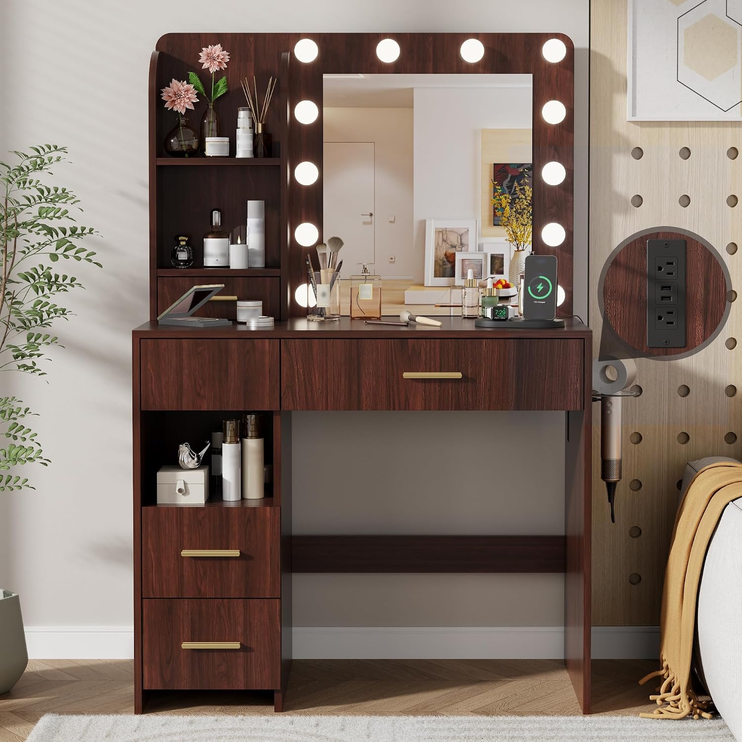Otterease Vanity Desk with LED Lighted Mirror&Power Outlet, 3 Lighting Colors Makeup Vanity with 5 Large Drawers and 3 Storage Shelves, White Vanity with Storage Stool for Bedroom (Walnut(no Stool))