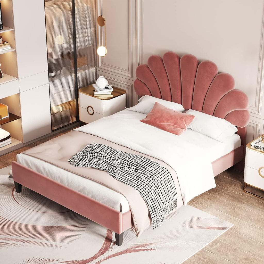 Harper & Bright Designs Full Size Upholstered Platform Bed with Flower Pattern Velvet Headboard, Bean Paste Red