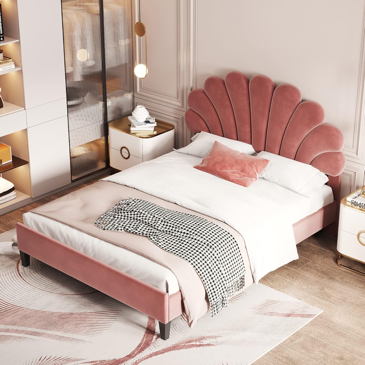 Harper & Bright Designs Full Size Upholstered Platform Bed with Flower Pattern Velvet Headboard, Bean Paste Red