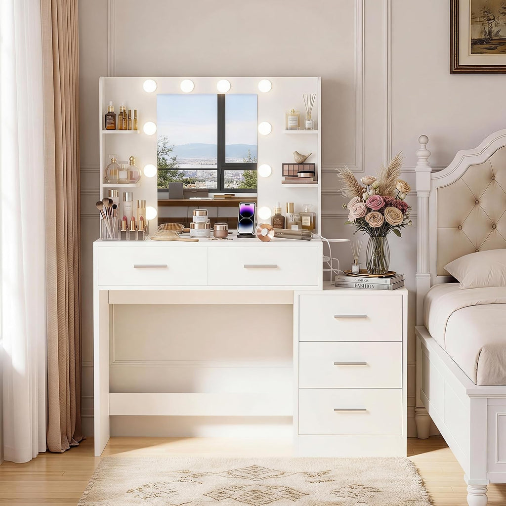 YESHOMY Makeup Vanity Desk with Mirror & Lights, Vanity Table with 5 Drawer, 6 Shelves, Charging Station for Bedroom, Dressing Room, Light White