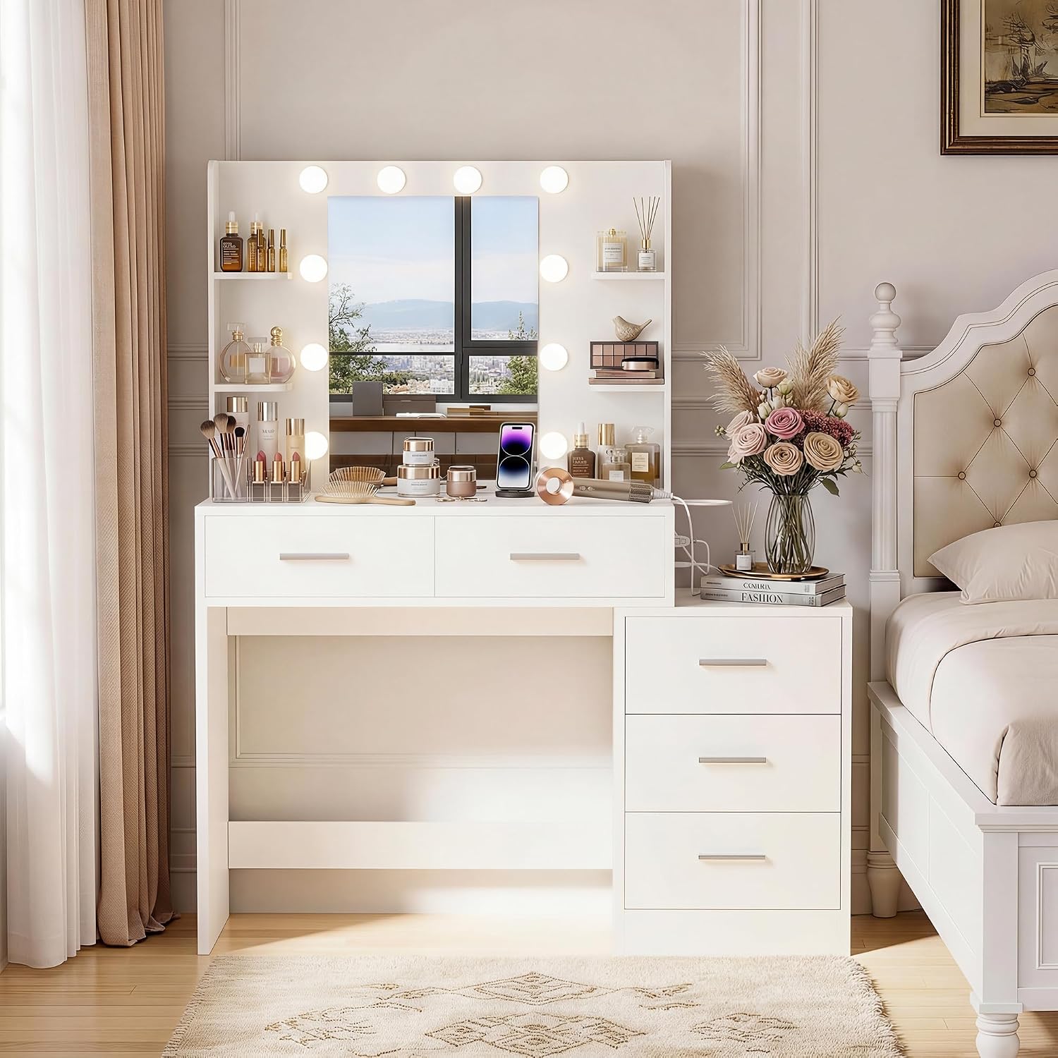 YESHOMY Makeup Vanity Desk with Mirror & Lights, Vanity Table with 5 Drawer, 6 Shelves, Charging Station for Bedroom, Dressing Room, Light White