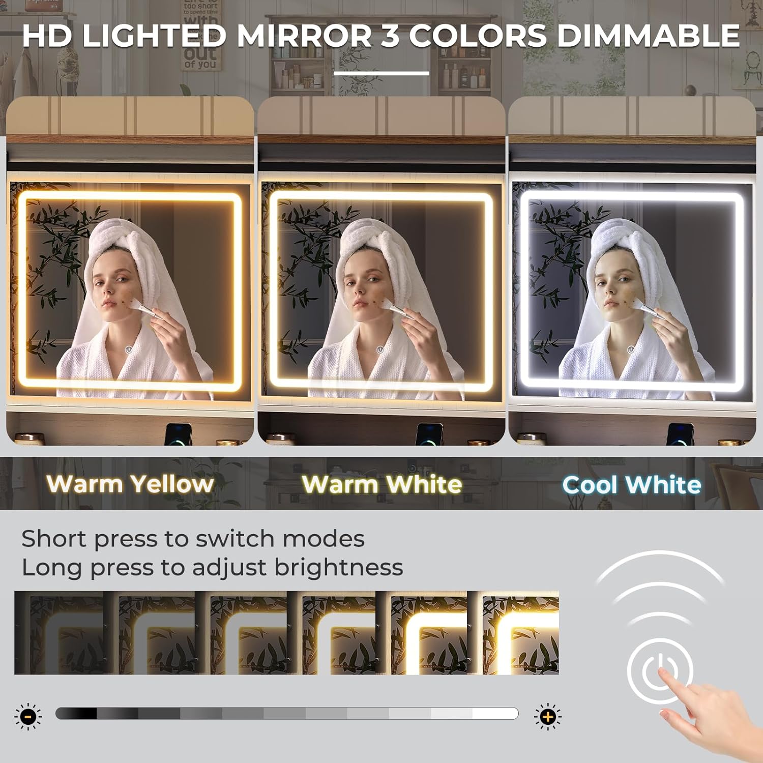 MSmask Farmhouse Makeup Vanity Desk with Sliding Mirror and Lights, 47.2' Big Vanity Table with Charging Station, Makeup Desk with 5 Drawers & 2 Cabinets, White