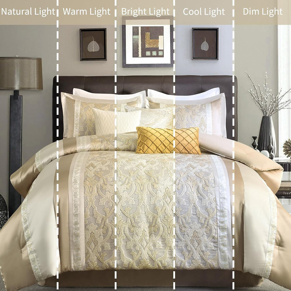 Bedduvit Luxury 7 Piece Bed in Bag, Vintage Damask Jacquard Thick California King Comforter Set, Luxurious Genuine Patchwork Cal King Bedding Set with Bed Skirt, Decor Pillows, Shams, Gold/Beige/Cream