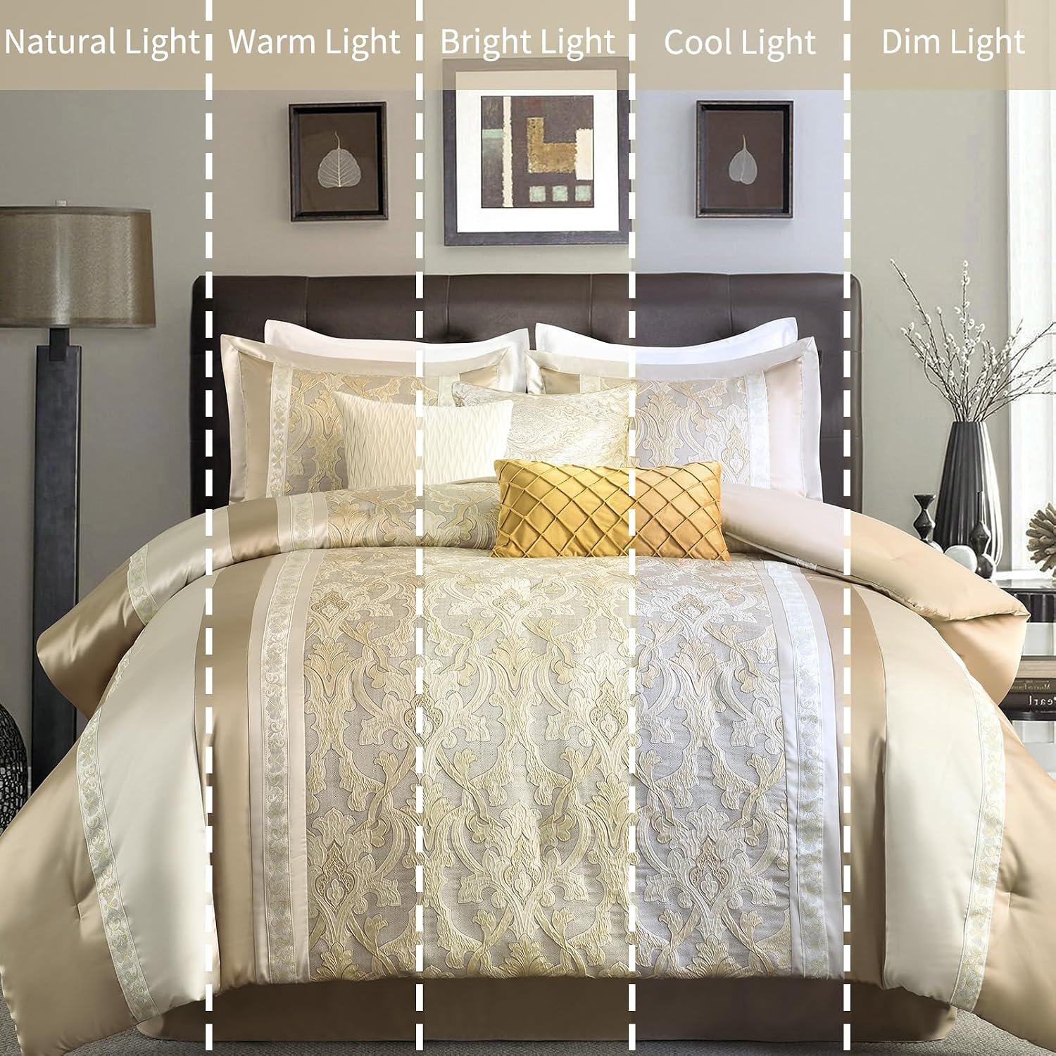 Bedduvit Luxury 7 Piece Bed in Bag, Vintage Damask Jacquard Thick California King Comforter Set, Luxurious Genuine Patchwork Cal King Bedding Set with Bed Skirt, Decor Pillows, Shams, Gold/Beige/Cream