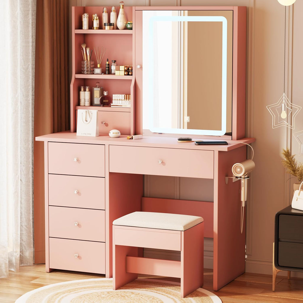 DYHOME Makeup Vanity Desk with LED Lights Mirror 3 Adjustable Modes and Power Outlets, Vanity Table with 6 Drawers Dresser and Bench, Makeup Desk for Bedroom Dressing Room, Pink