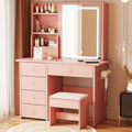 Vanity Desk with Mirror and LED Lights, Makeup Vanity Set with Power Outlet, and Stool,Jewelry Storage,Pink Vanity Desk for Bedroom