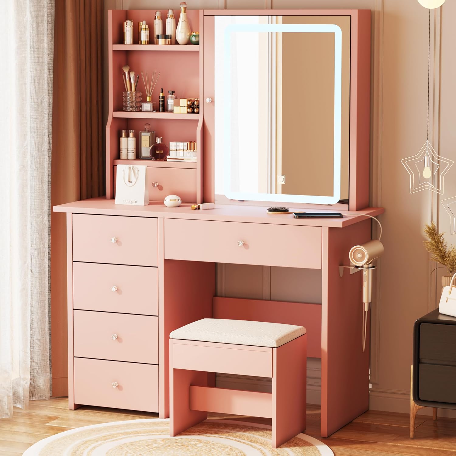 Vanity Desk with Mirror and LED Lights, Makeup Vanity Set with Power Outlet, and Stool,Jewelry Storage,Pink Vanity Desk for Bedroom