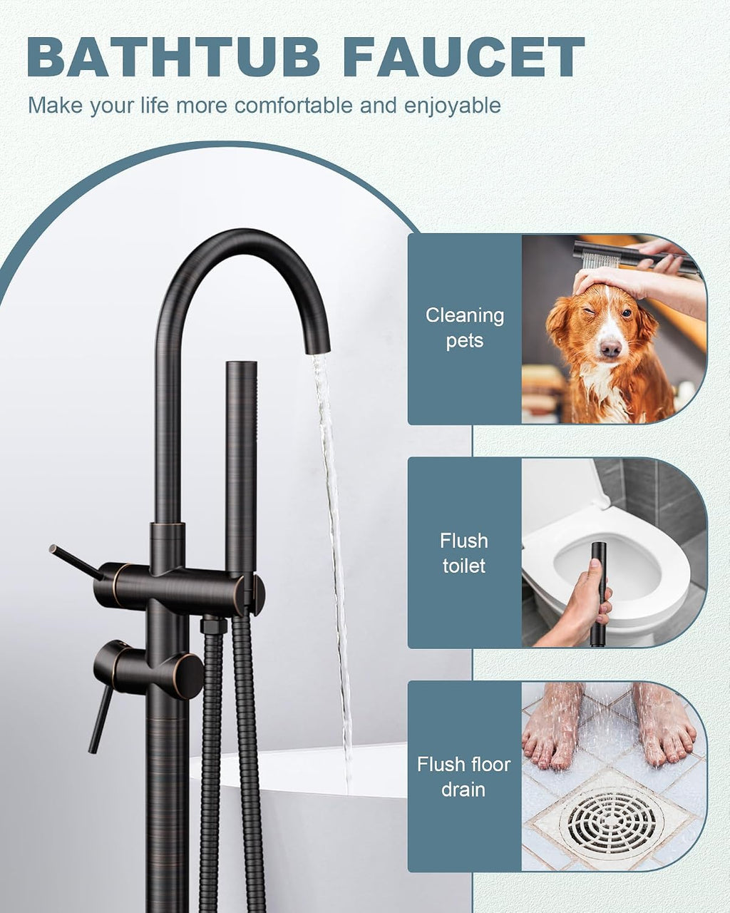 Freestanding Tub Filler Faucet Bronze: High Flow Brass Floor Mount Bathtub Filler, Swivel Gooseneck Spout with Single Handheld Sprayer for Bath Shower, Oil Rubbed Bronze