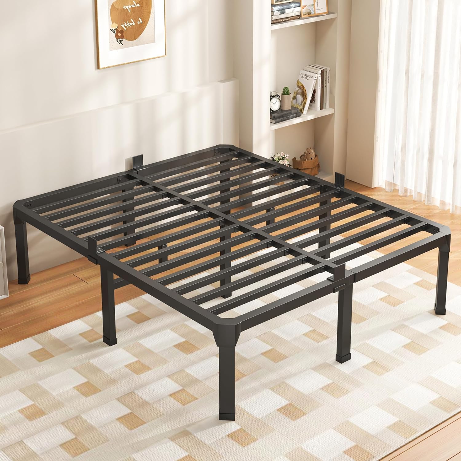 ROIL 14 Inch King Size Bed Frame with Mattress Slide Stopper - Double Black Basic Anti Squeak Steel Slats Metal Platform, Heavy Duty Noise Free Easy Assembly Bedframes, No Box Spring Needed
